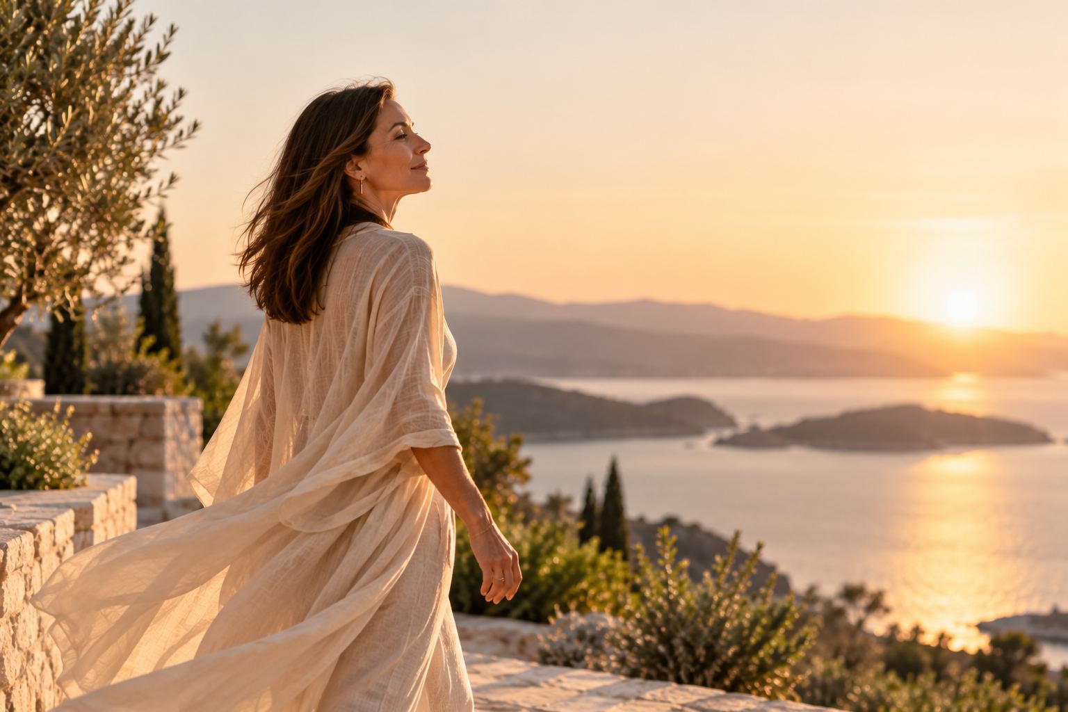 Frau im hellen Leinenkleid geht bei Sonnenuntergang über eine Terrasse am Meer